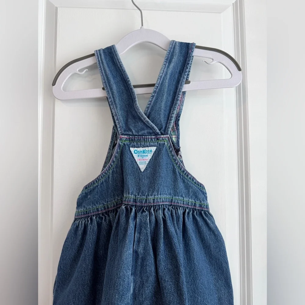 Vintage OshKosh Made in USA Girls Denim Neon Plaid Dress Size 6